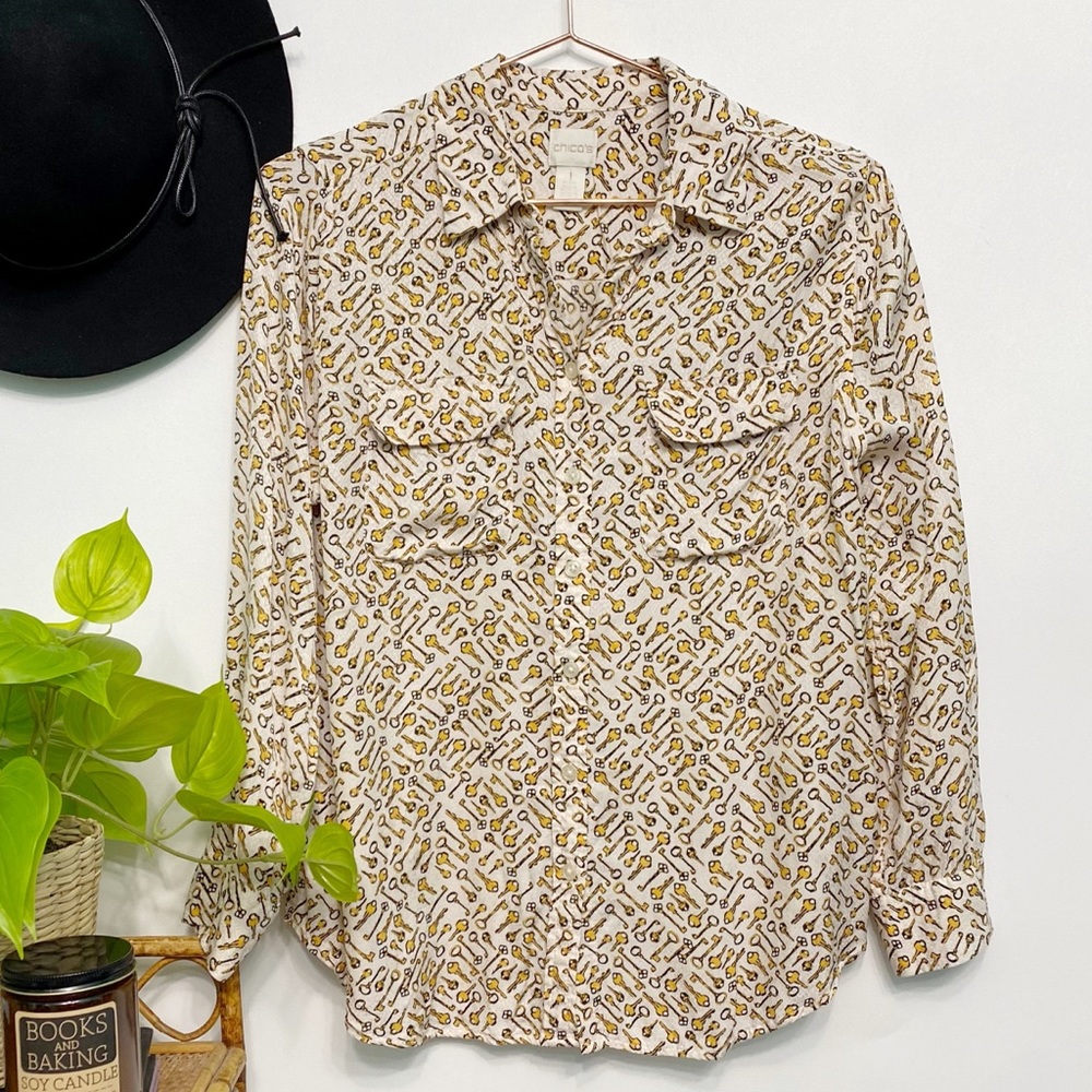 chico’s | gold keys print novelty statement blouse realtor harry potter s